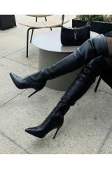 Mi Luz Siyah Diz Üstü Streç Topuklu Kadın Çizme