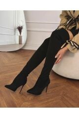 Mi Luz Siyah Diz Üstü Streç Topuklu Kadın Çizme