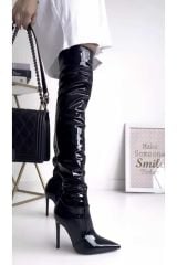 Mi Luz Siyah Rugan Diz Üstü Streç Topuklu Kadın Çizme