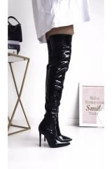 Mi Luz Siyah Rugan Diz Üstü Streç Topuklu Kadın Çizme