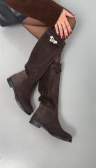 Mi Luz Hakiki Deri Süet Binici Model Toka Detaylı Kahverengi Çizme