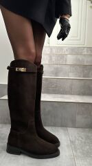 Mi Luz Hakiki Deri Süet Binici Model Toka Detaylı Kahverengi Çizme