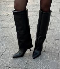 Mi Luz Tozluk Detaylı Sivri Burun Siyah Çizme