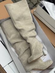 Mi Luz Hakiki Deri Bej Süet Topuklu Çizme