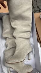 Mi Luz Hakiki Deri Bej Süet Topuklu Çizme