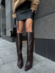 Mi Luz Hakiki Deri Kısa Topuklu Rahat Çizme Kahverengi