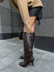 Mi Luz Hakiki Deri Kısa Topuklu Rahat Çizme Kahverengi