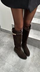 Mi Luz Hakiki Deri Süet Binici Model Toka Detaylı Kahverengi Çizme