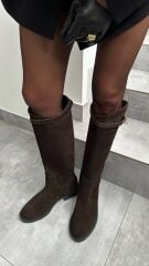 Mi Luz Hakiki Deri Süet Binici Model Toka Detaylı Kahverengi Çizme