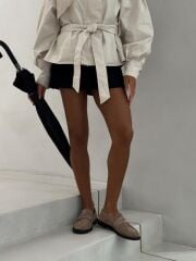 Mi Luz Vegan Deri Önü Büzgü Detaylı Bej Süet Makosen Loafer Ayakkabı